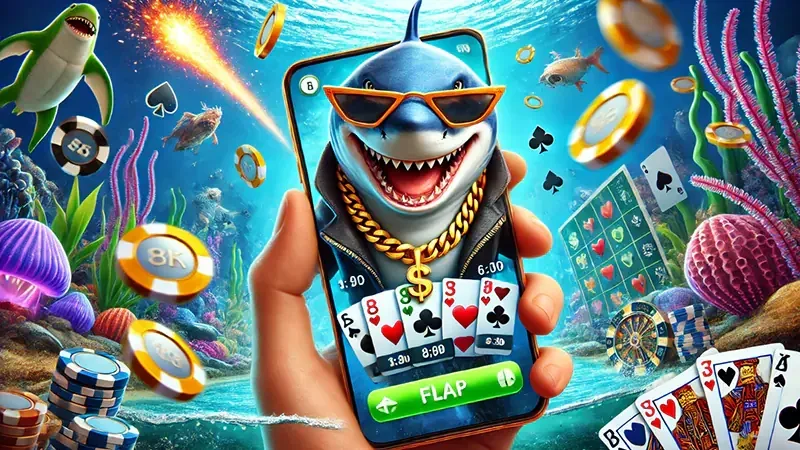 Ilustrasi aksi permainan tembak ikan di layar arcade